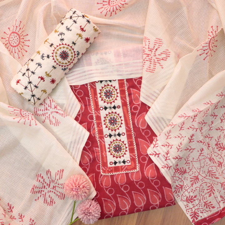 Sargoshi Coral Red Embroidered Patch in Batik Printed Cotton Suit Set