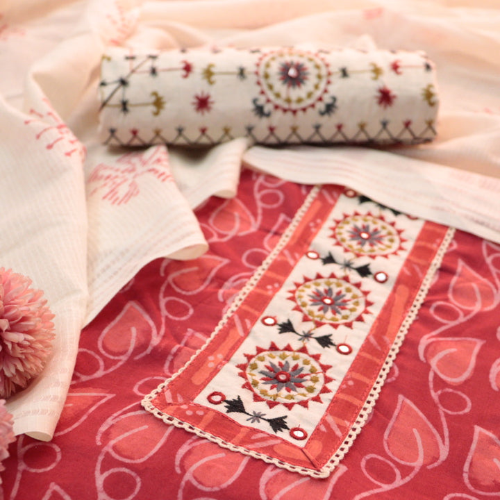 Sargoshi Coral Red Embroidered Patch in Batik Printed Cotton Suit Set