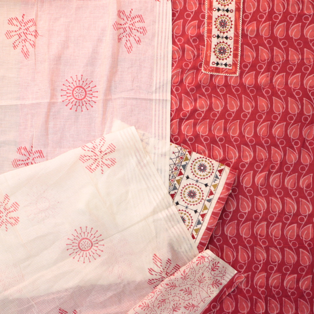 Sargoshi Coral Red Embroidered Patch in Batik Printed Cotton Suit Set