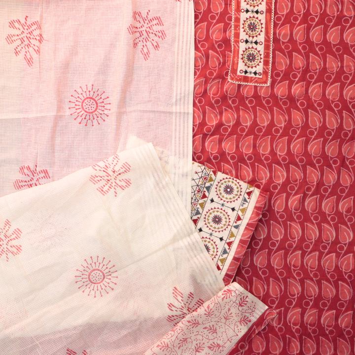 Sargoshi Coral Red Embroidered Patch in Batik Printed Cotton Suit Set