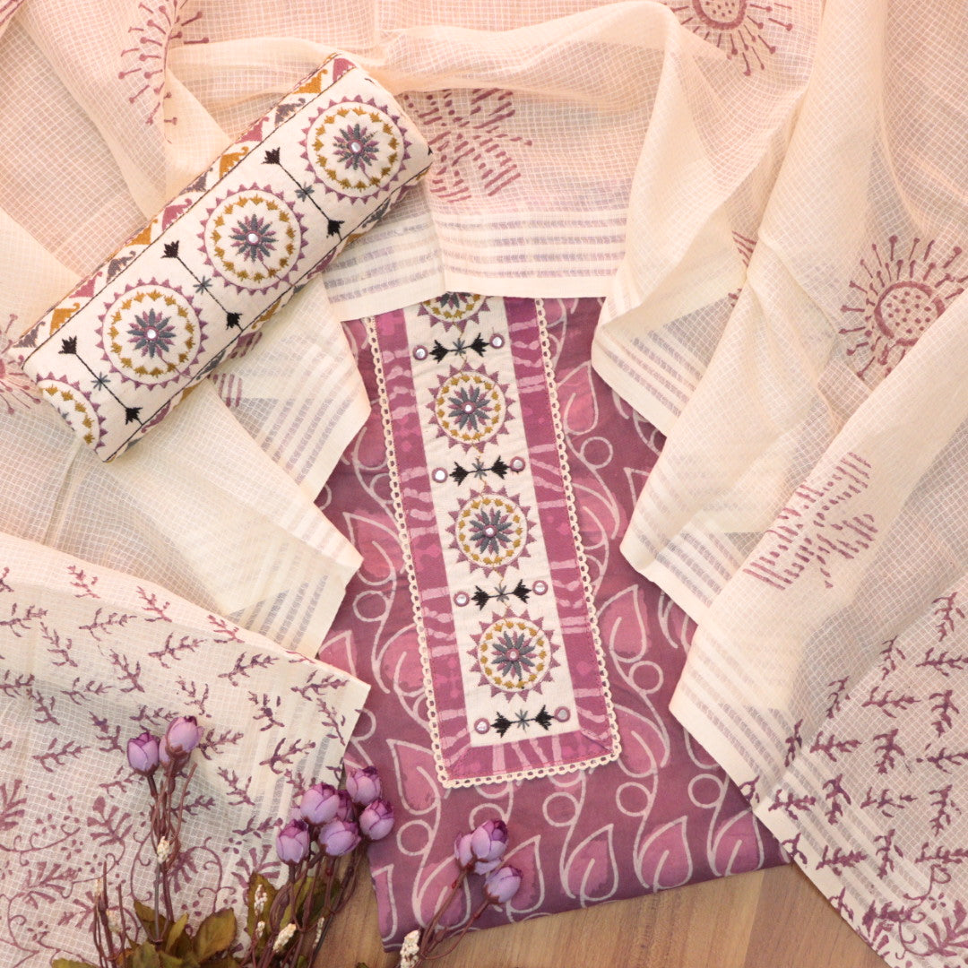 Sargoshi Onion Purple Embroidered Patch in Batik Printed Cotton Suit Set