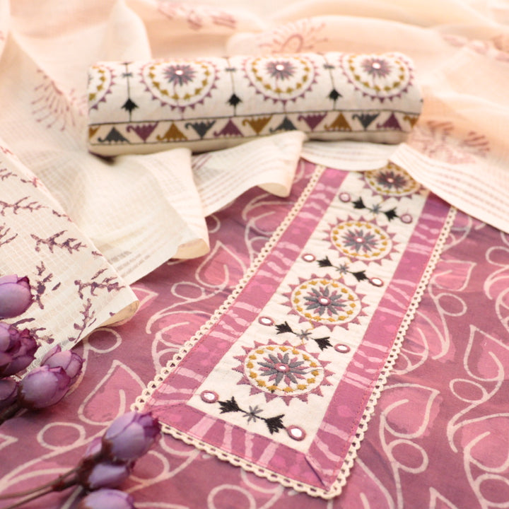 Sargoshi Onion Purple Embroidered Patch in Batik Printed Cotton Suit Set