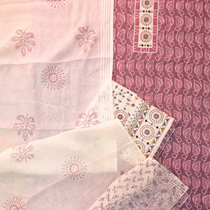 Sargoshi Onion Purple Embroidered Patch in Batik Printed Cotton Suit Set