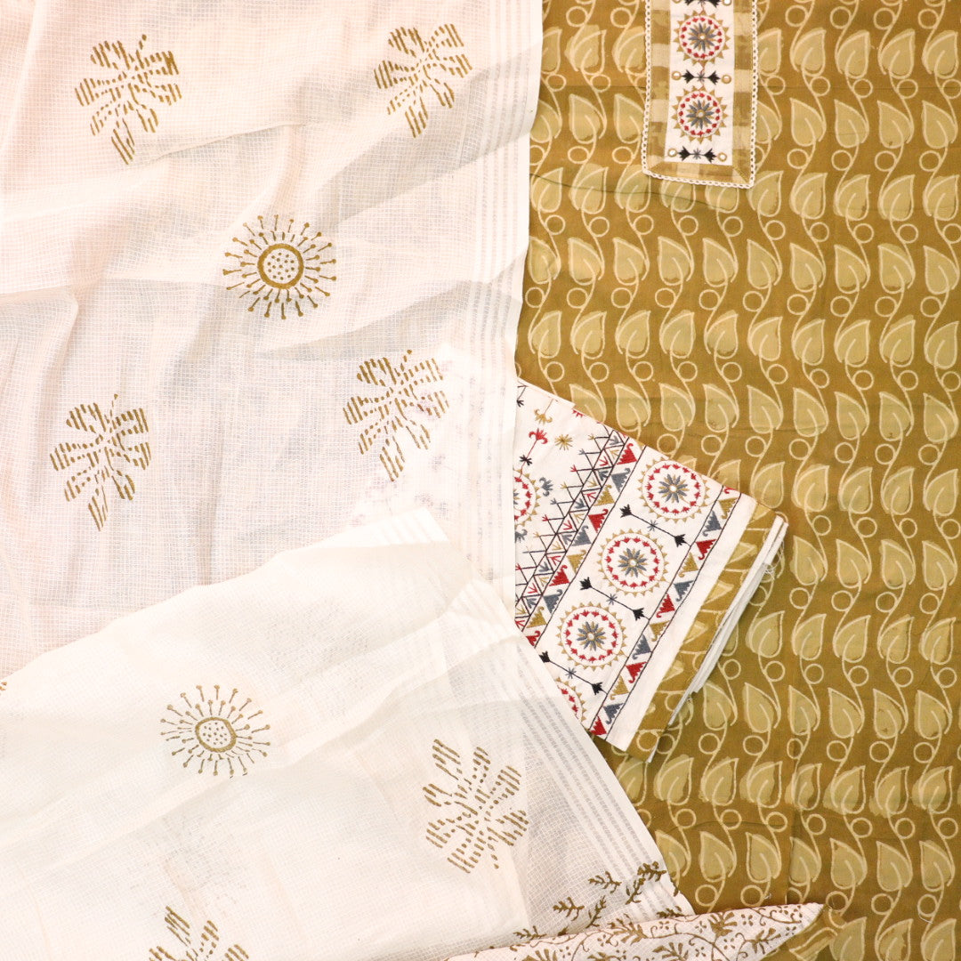Sargoshi Peanut Yellow Embroidered Patch in Batik Printed Cotton Suit Set