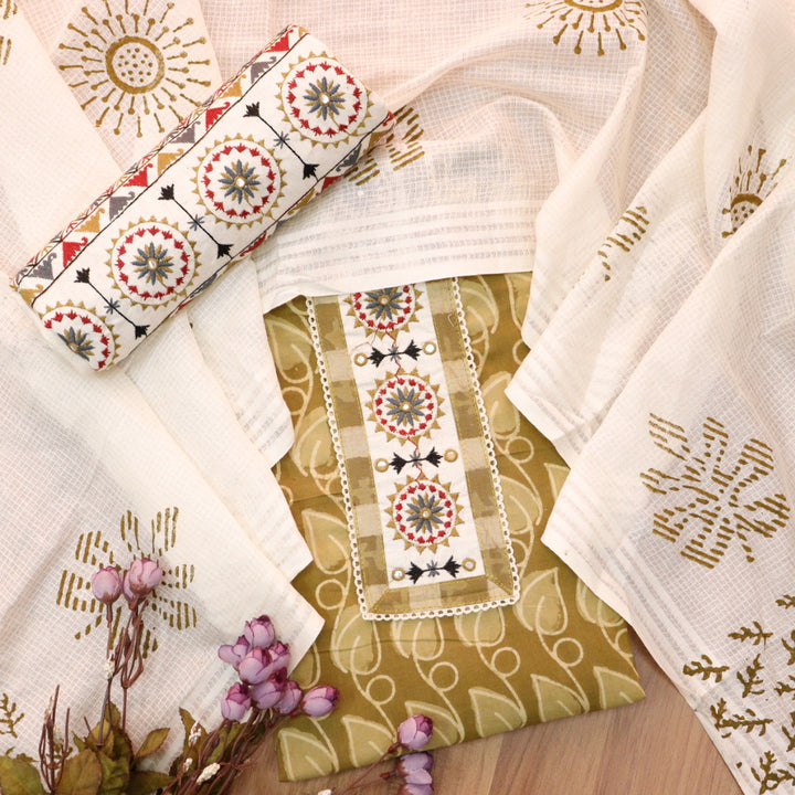 Sargoshi Peanut Yellow Embroidered Patch in Batik Printed Cotton Suit Set