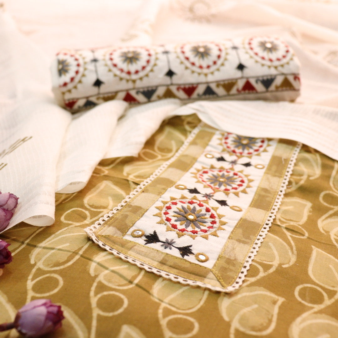 Sargoshi Peanut Yellow Embroidered Patch in Batik Printed Cotton Suit Set
