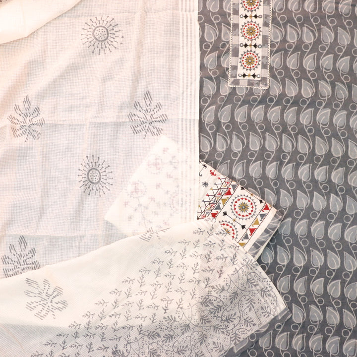 Sargoshi Stone Grey Embroidered Patch in Batik Printed Cotton Suit Set