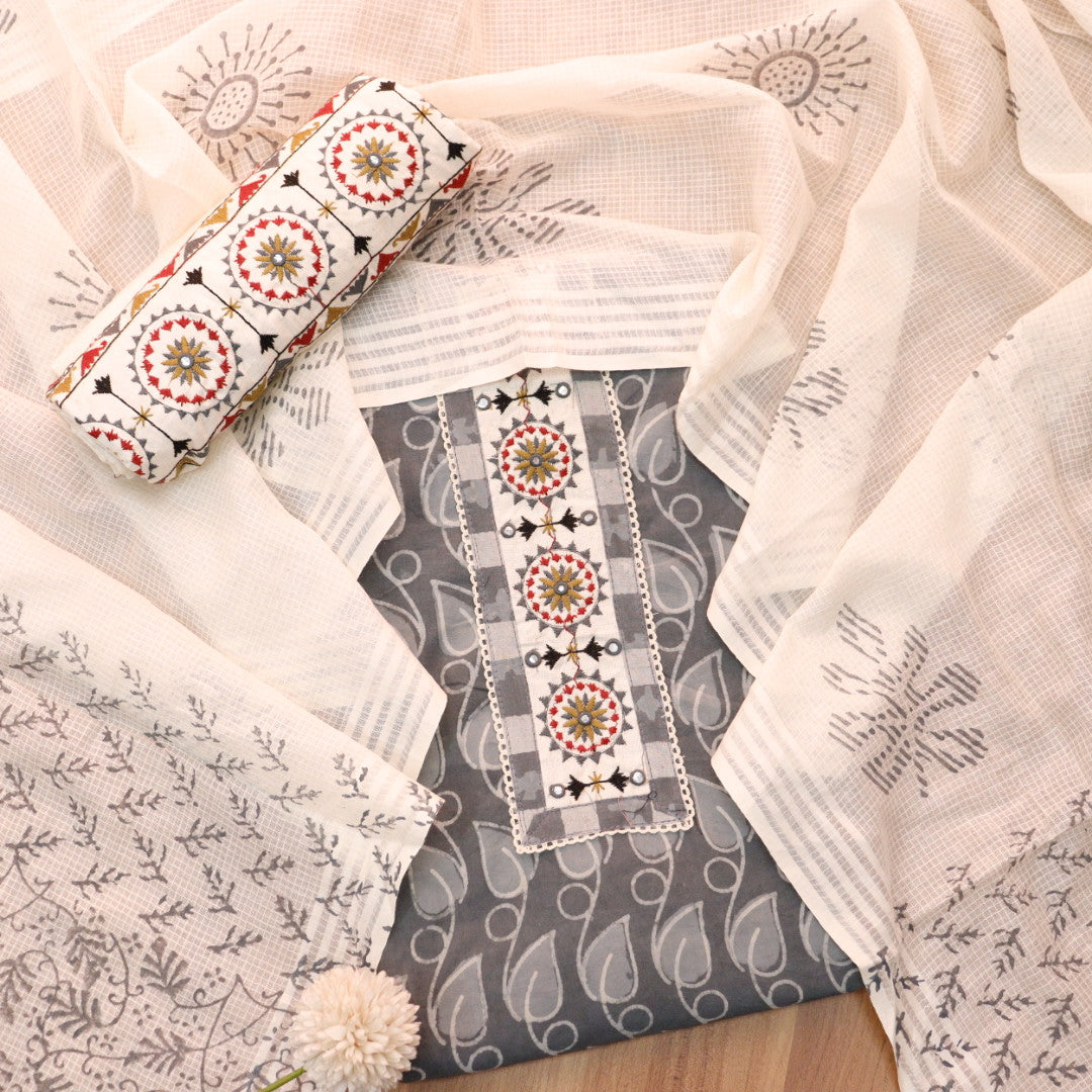 Sargoshi Stone Grey Embroidered Patch in Batik Printed Cotton Suit Set