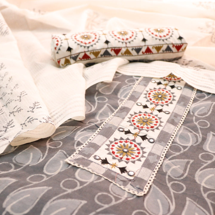 Sargoshi Stone Grey Embroidered Patch in Batik Printed Cotton Suit Set
