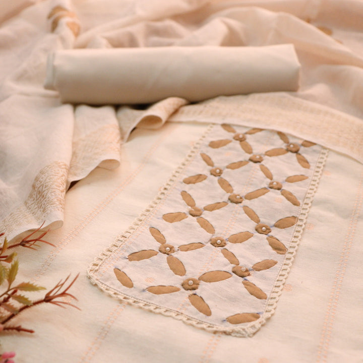 Roheen Ivory White Applique Work with Moti Neck Work Cotton Chanderi Set