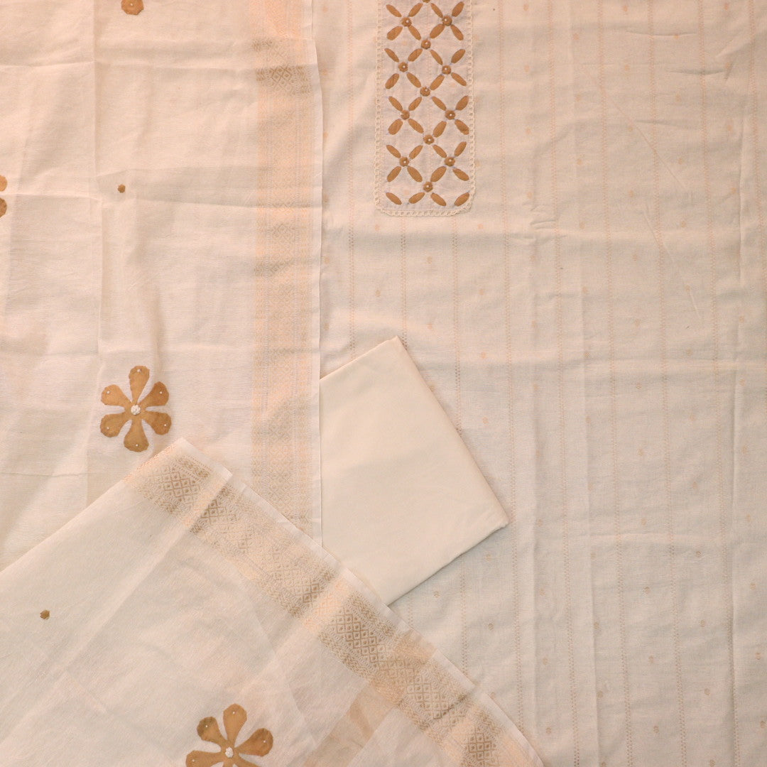 Roheen Ivory White Applique Work with Moti Neck Work Cotton Chanderi Set