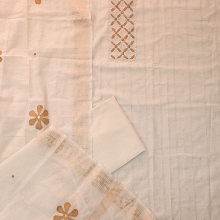 Roheen Ivory White Applique Work with Moti Neck Work Cotton Chanderi Set