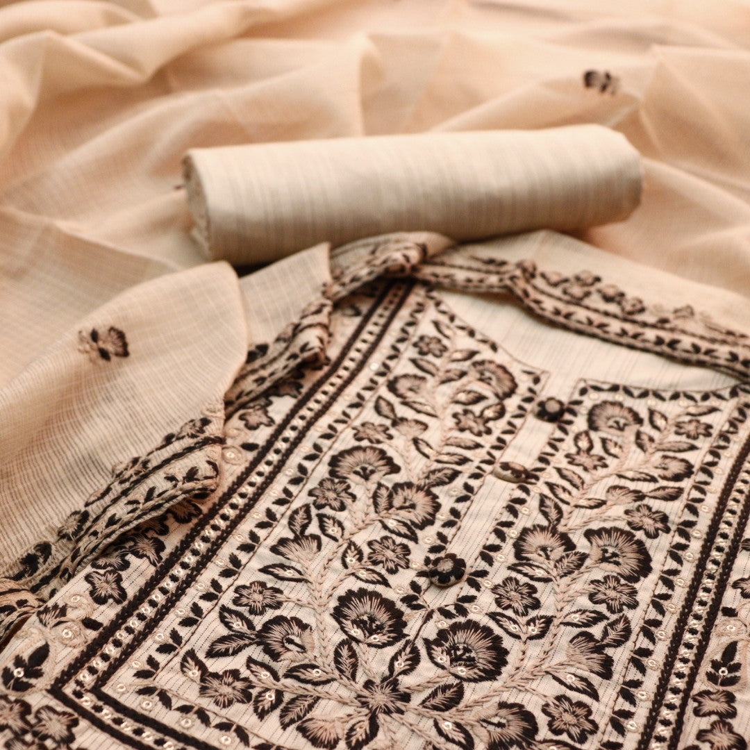 Roheen Sand Beige Thread Embroidered Neckline with Button Work Cotton Suit Set