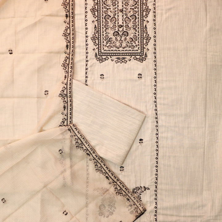 Roheen Sand Beige Thread Embroidered Neckline with Button Work Cotton Suit Set