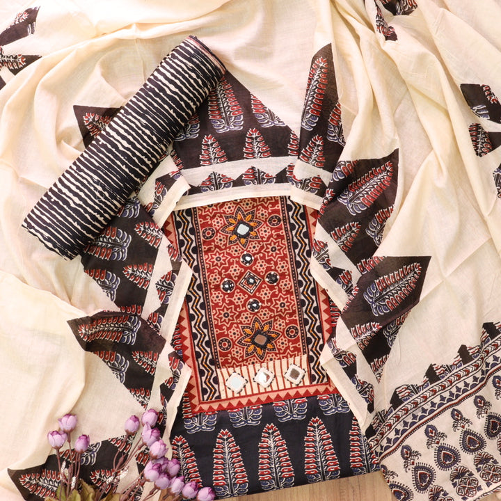 Kakaswi Faded Black Mirror with Ajrak Print Patch Work Printed Cotton Suit Set