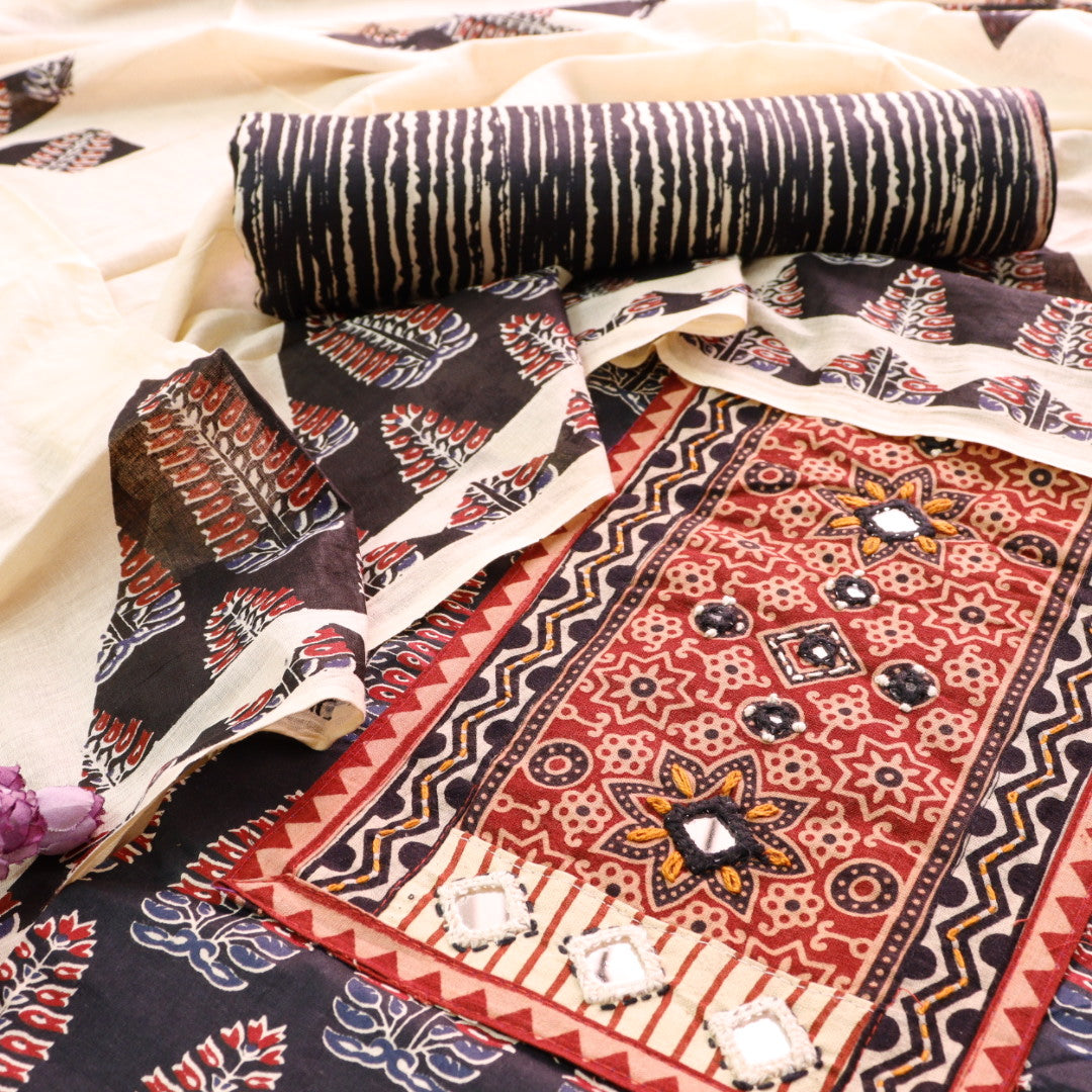 Kakaswi Faded Black Mirror with Ajrak Print Patch Work Printed Cotton Suit Set
