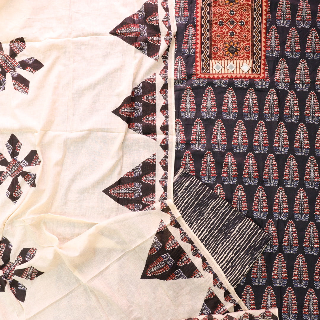 Kakaswi Faded Black Mirror with Ajrak Print Patch Work Printed Cotton Suit Set