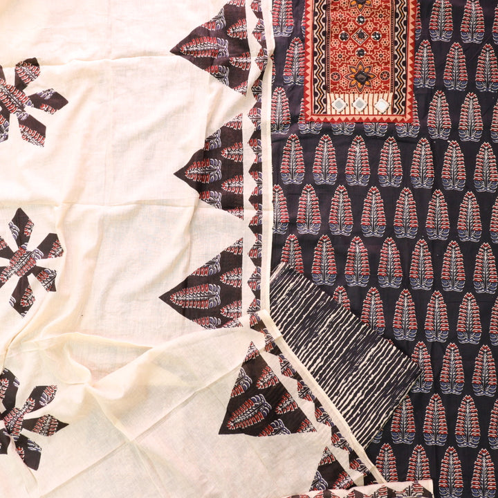 Kakaswi Faded Black Mirror with Ajrak Print Patch Work Printed Cotton Suit Set