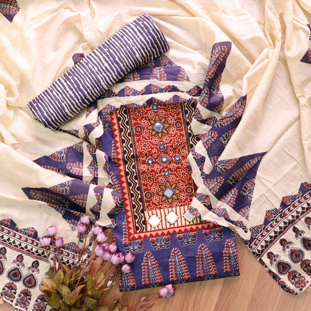 Kakaswi Romaina Blue Mirror with Ajrak Print Patch Work Printed Cotton Suit Set