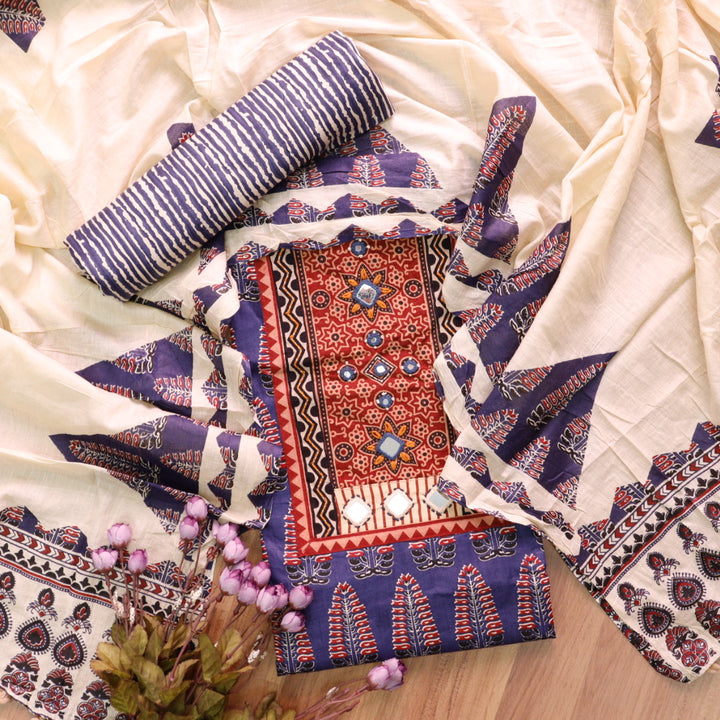 Kakaswi Romaina Blue Mirror with Ajrak Print Patch Work Printed Cotton Suit Set
