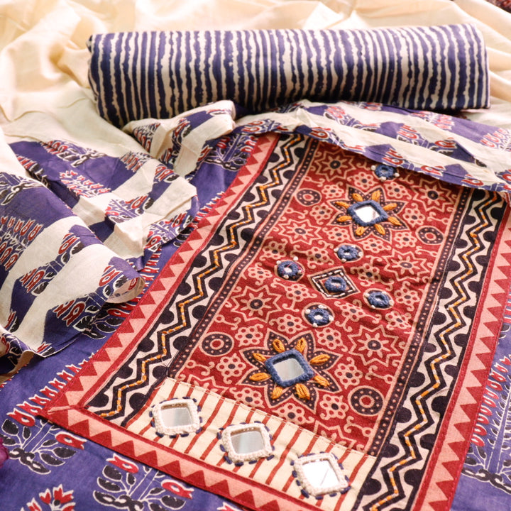 Kakaswi Romaina Blue Mirror with Ajrak Print Patch Work Printed Cotton Suit Set