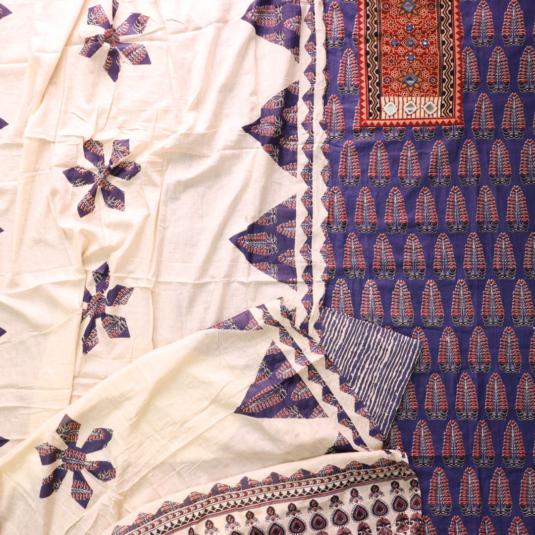 Kakaswi Romaina Blue Mirror with Ajrak Print Patch Work Printed Cotton Suit Set