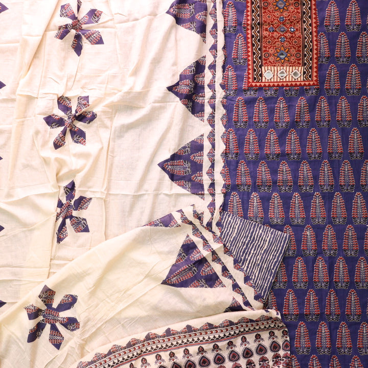 Kakaswi Romaina Blue Mirror with Ajrak Print Patch Work Printed Cotton Suit Set
