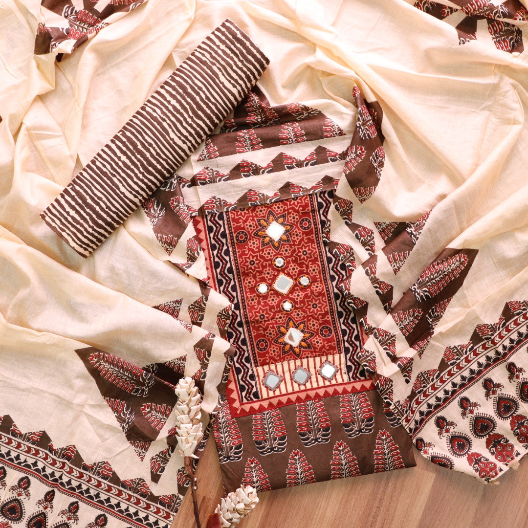 Kakaswi Khaki Brown Mirror with Ajrak Print Patch Work Printed Cotton Suit Set