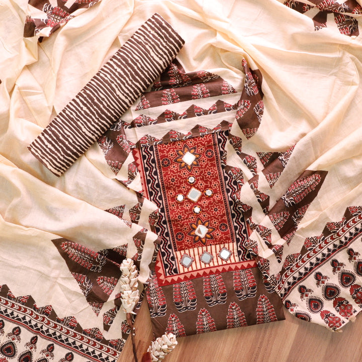 Kakaswi Khaki Brown Mirror with Ajrak Print Patch Work Printed Cotton Suit Set