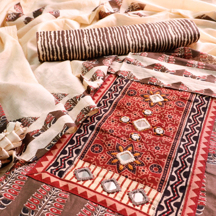 Kakaswi Khaki Brown Mirror with Ajrak Print Patch Work Printed Cotton Suit Set