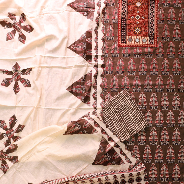 Kakaswi Khaki Brown Mirror with Ajrak Print Patch Work Printed Cotton Suit Set