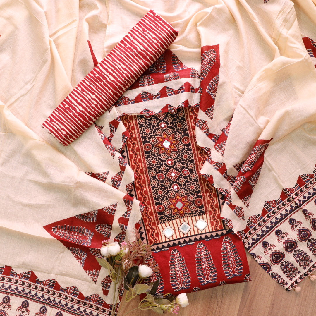 Kakaswi Apple Red Mirror with Ajrak Print Patch Work Printed Cotton Suit Set