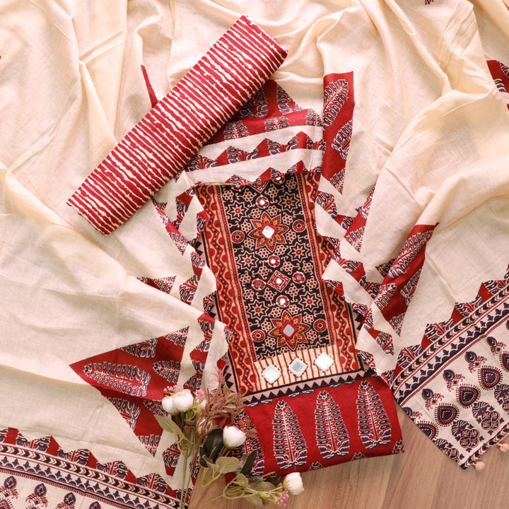 Kakaswi Apple Red Mirror with Ajrak Print Patch Work Printed Cotton Suit Set