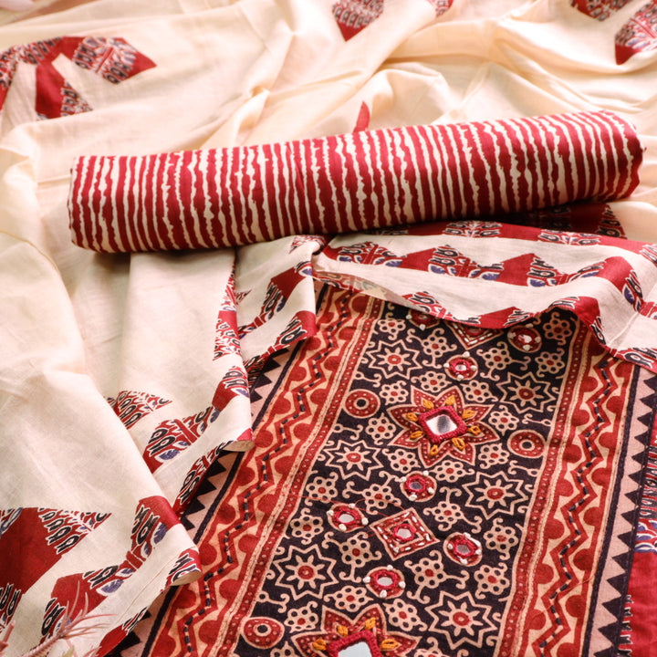 Kakaswi Apple Red Mirror with Ajrak Print Patch Work Printed Cotton Suit Set