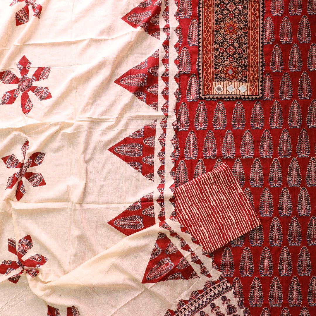 Kakaswi Apple Red Mirror with Ajrak Print Patch Work Printed Cotton Suit Set