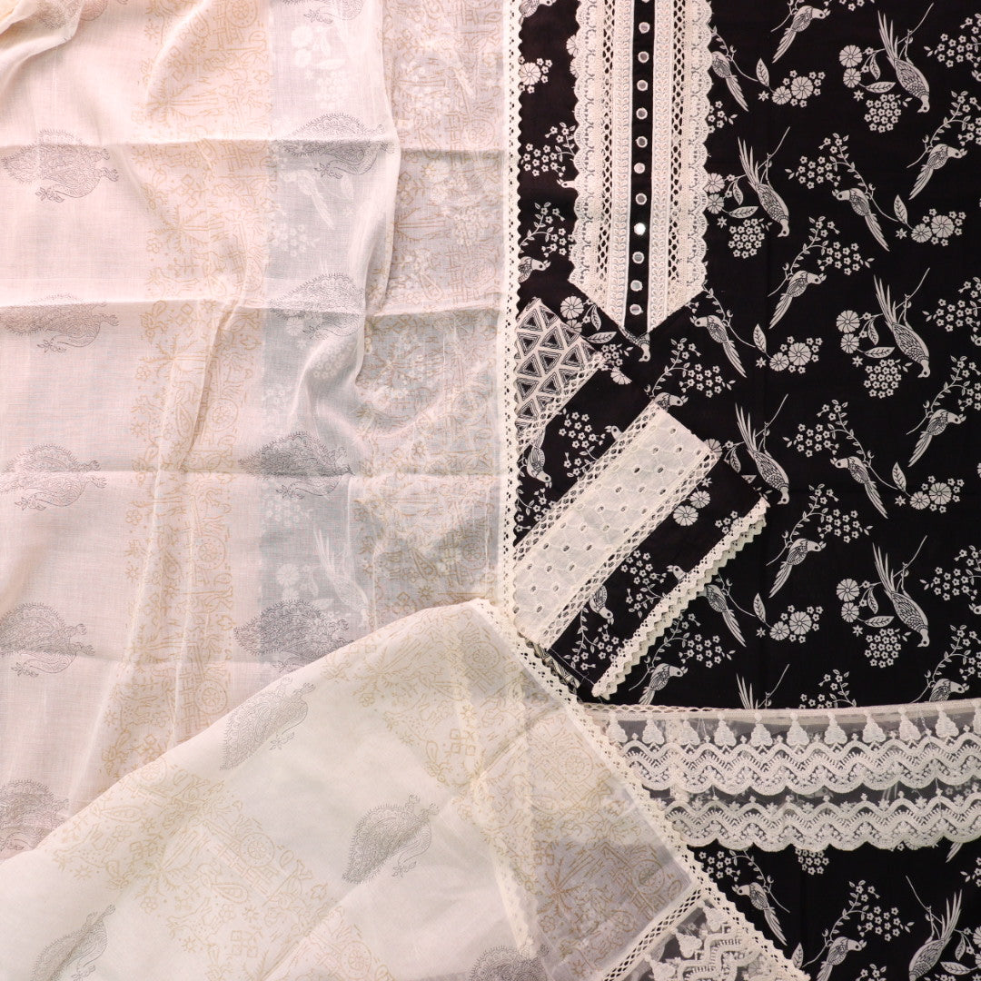 Khuda Ebony Black Lace Work with Patra Work Floral Printed Cotton Suit Set