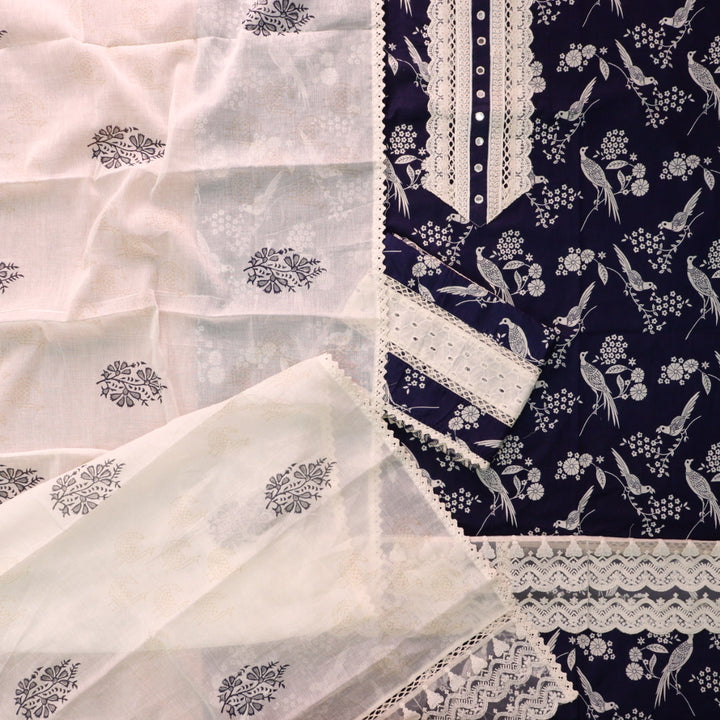Khuda Navy Blue Lace Work with Patra Work Floral Printed Cotton Suit Set