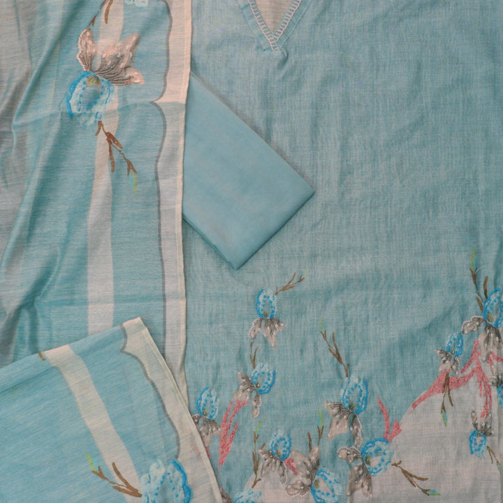 Kashvi Wave Blue Kantha Embroidery Digital Printed Chanderi Suit Set