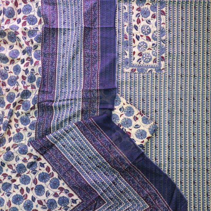 Ravaniya Indigo Blue French Knot Patch Neck Work Printed Cotton Suit Set