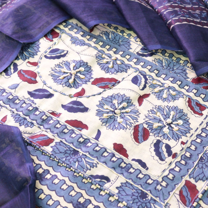 Ravaniya Indigo Blue French Knot Patch Neck Work Printed Cotton Suit Set