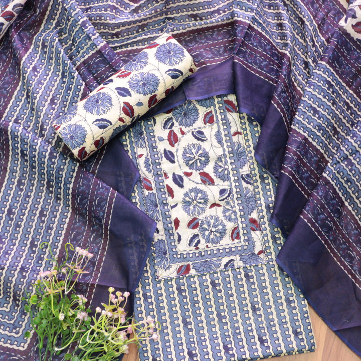 Ravaniya Indigo Blue French Knot Patch Neck Work Printed Cotton Suit Set