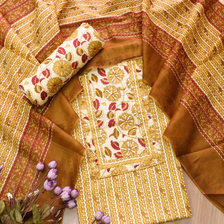 Ravaniya Sunlight Yellow French Knot Patch Neck Work Printed Cotton Suit Set