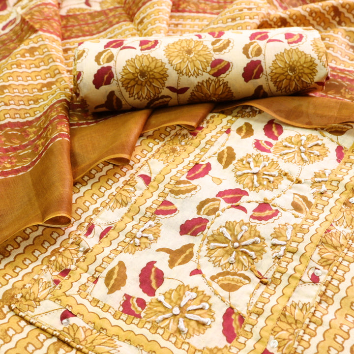 Ravaniya Sunlight Yellow French Knot Patch Neck Work Printed Cotton Suit Set