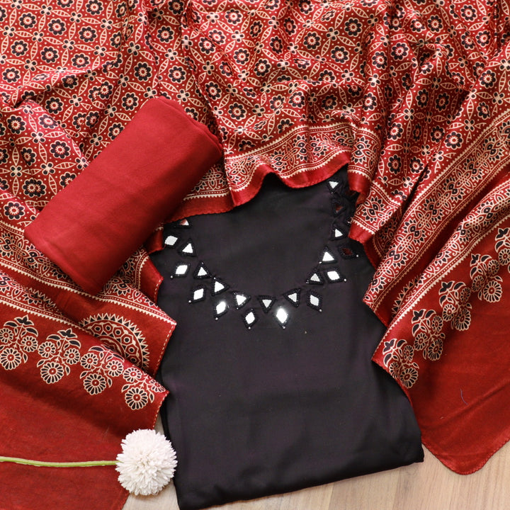 Ishaani Ebony Black Mirror Neck Work Modal Suit Set with Mashru Dupatta