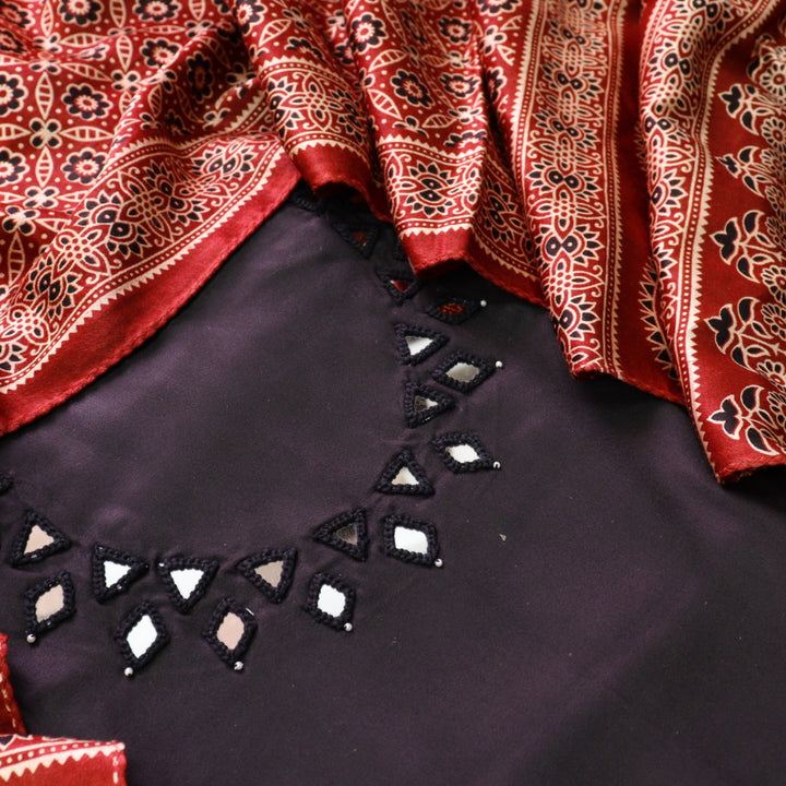 Ishaani Ebony Black Mirror Neck Work Modal Suit Set with Mashru Dupatta