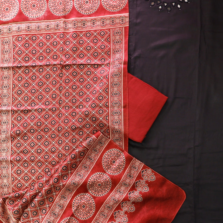 Ishaani Ebony Black Mirror Neck Work Modal Suit Set with Mashru Dupatta