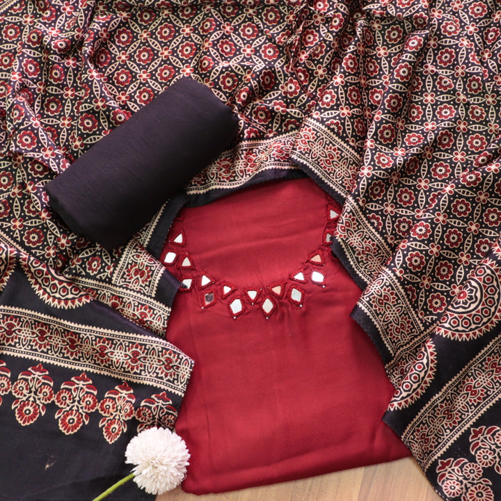 Ishaani Bride Red Mirror Neck Work Modal Suit Set with Mashru Dupatta