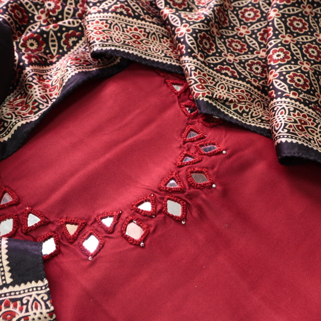 Ishaani Bride Red Mirror Neck Work Modal Suit Set with Mashru Dupatta