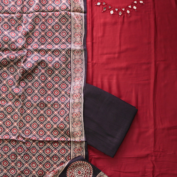 Ishaani Bride Red Mirror Neck Work Modal Suit Set with Mashru Dupatta