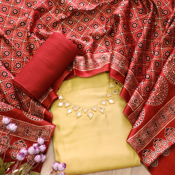 Ishaani Butter Yellow Mirror Neck Work Modal Suit Set with Mashru Dupatta